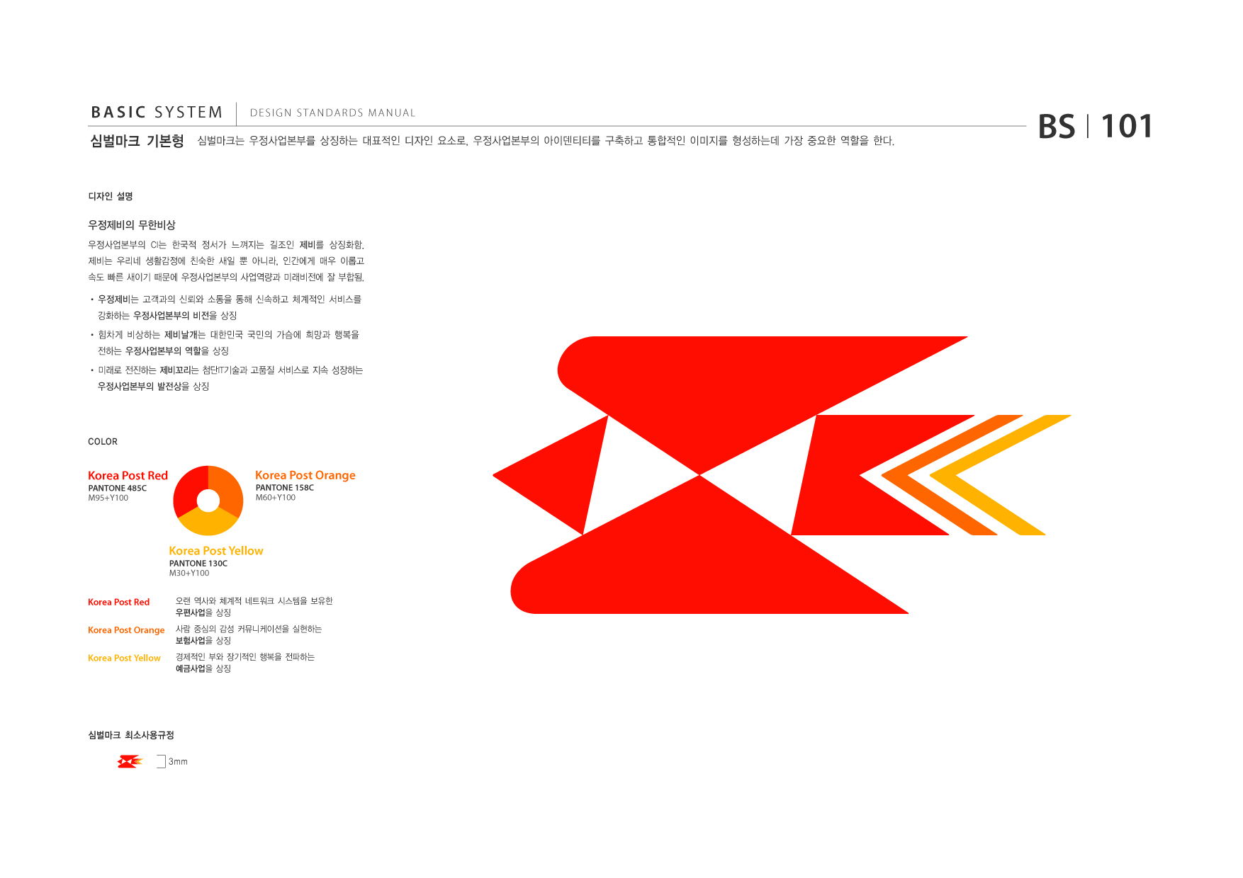 BASIC SYSTEM 심벌마크 기본형  DESIGN STANDARDS MANUAL  심벌마크는 우정사업본부를 상징하는 대표적인 디자인 요소로, 우정사업본부의 아이덴티티를 구축하고 통합적인 이미지를 형성하는데 가장 중요한 역할을 한다.  BS I 101  디자인 설명  우정제비의 무한비상 우정사업본부의 CI는 한국적 정서가 느껴지는 길조인 제비를 상징화함. 제비는 우리네 생활감정에 친숙한 새일 뿐 아니라, 인간에게 매우 이롭고 속도 빠른 새이기 때문에 우정사업본부의 사업역량과 미래비전에 잘 부합됨. ? 우정제비는 고객과의 신뢰와 소통을 통해 신속하고 체계적인 서비스를 강화하는 우정사업본부의 비전을 상징 ? 힘차게 비상하는 제비날개는 대한민국 국민의 가슴에 희망과 행복을 전하는 우정사업본부의 역할을 상징 ? 미래로 전진하는 제비꼬리는 첨단IT기술과 고품질 서비스로 지속 성장하는 우정사업본부의 발전상을 상징  COLOR  Korea Post Red PANTONE 485C M95+Y100  Korea Post Orange PANTONE 158C M60+Y100  Korea Post Yellow PANTONE 130C M30+Y100  Korea Post Red Korea Post Orange Korea Post Yellow  오랜 역사와 체계적 네트워크 시스템을 보유한 우편사업을 상징 사람 중심의 감성 커뮤니케이션을 실현하는 보험사업을 상징 경제적인 부와 장기적인 행복을 전파하는 예금사업을 상징  심벌마크 최소사용규정 3mm